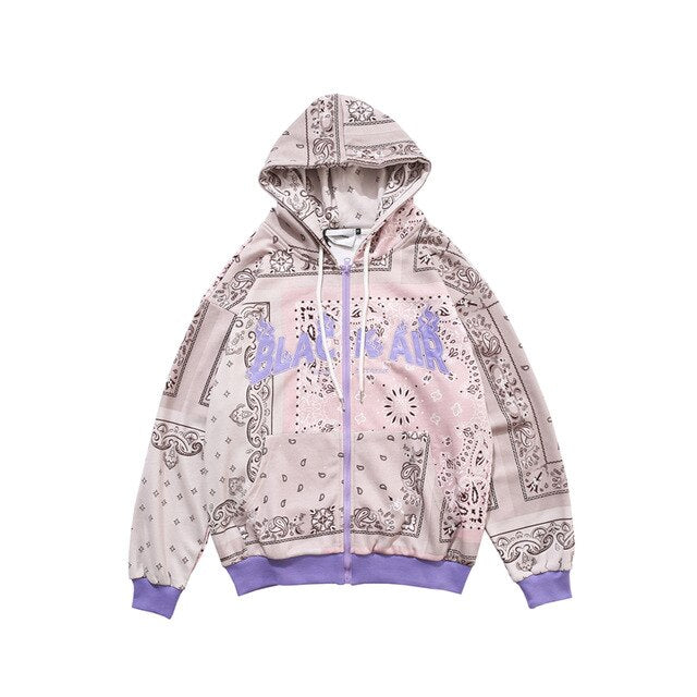 Full Zip Cashew Flowers Pink Hooded Sweatshirts Hoodies Men/women Harajuku Casual Patchwork Hoodie Hip Hop Cotton Tops-5