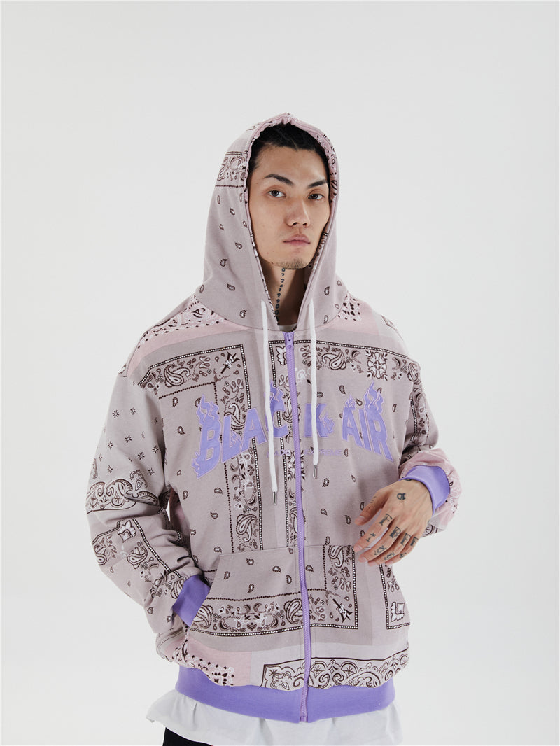 Full Zip Cashew Flowers Pink Hooded Sweatshirts Hoodies Men/women Harajuku Casual Patchwork Hoodie Hip Hop Cotton Tops-2
