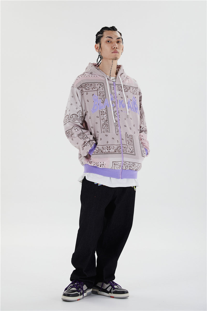 Full Zip Cashew Flowers Pink Hooded Sweatshirts Hoodies Men/women Harajuku Casual Patchwork Hoodie Hip Hop Cotton Tops-3
