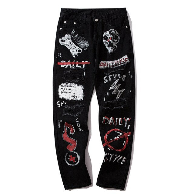 Men Jeans Hip Hop Graffiti Skull Letter Print Denim Pants Skinny Hole High Street-5