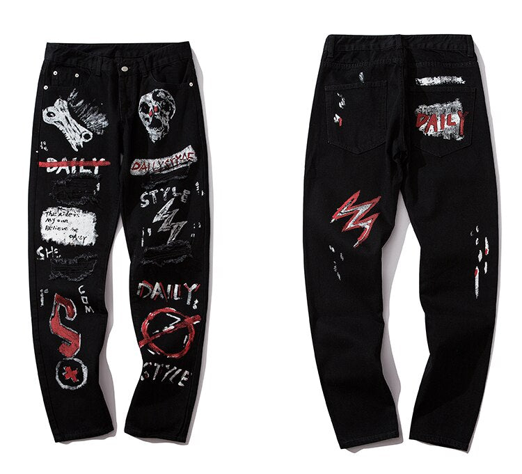 Men Jeans Hip Hop Graffiti Skull Letter Print Denim Pants Skinny Hole High Street-2
