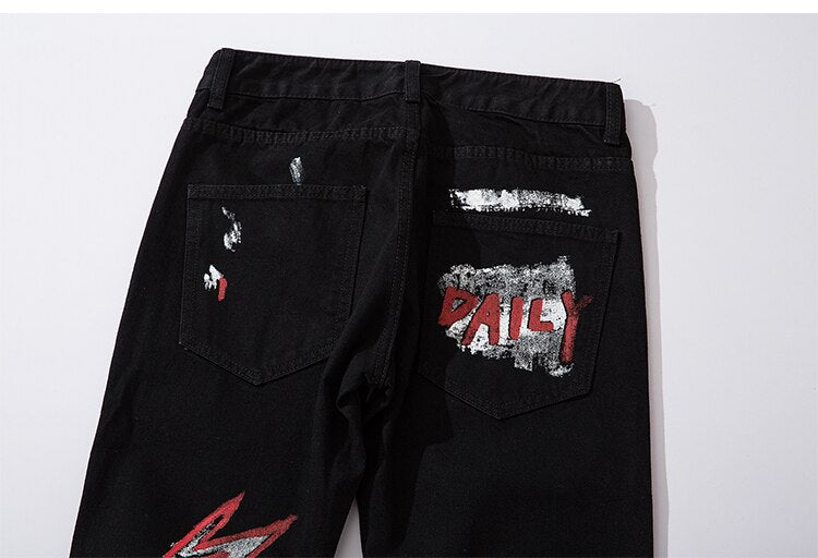 Men Jeans Hip Hop Graffiti Skull Letter Print Denim Pants Skinny Hole High Street-3