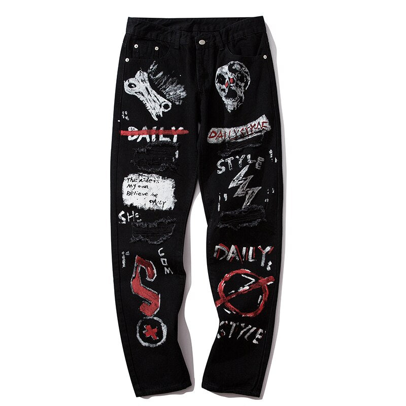 Men Jeans Hip Hop Graffiti Skull Letter Print Denim Pants Skinny Hole High Street-1