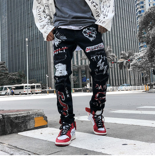 Men Jeans Hip Hop Graffiti Skull Letter Print Denim Pants Skinny Hole High Street-0