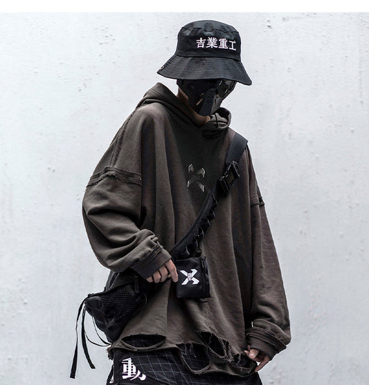 Vintage Hole Letter Printed Hoodie Men treetwear Hip Hop Loose Sweatshirts Techwear Fashion Hoodie Pulover-0